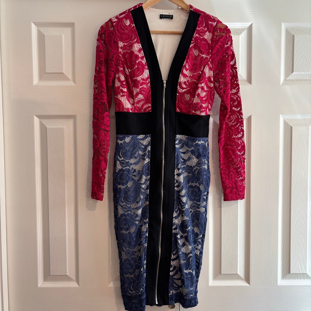 Venus Red & Blue Lace Dress Full Zipper Front V Neck long sleeve bodycon Size S